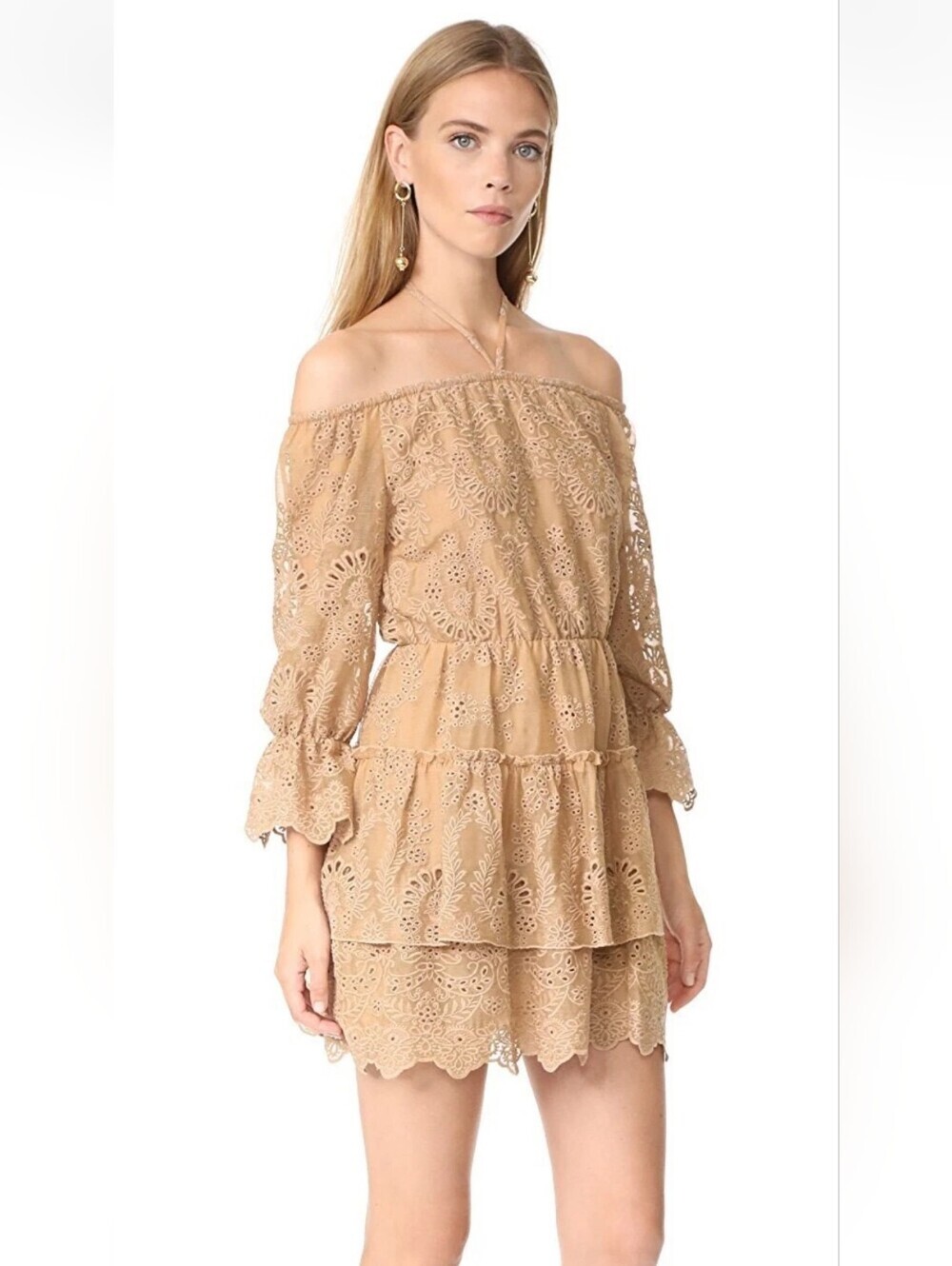 Alice + Olivia Waylon Off The Shoulder Dress Mude Eyelet Size 2